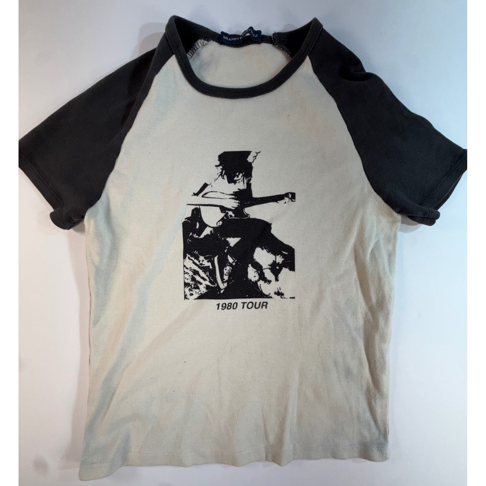 Brandy Melville 1980 Tour Raglan Graphic Tee Cream Charcoal Grey Ribbed Shirt